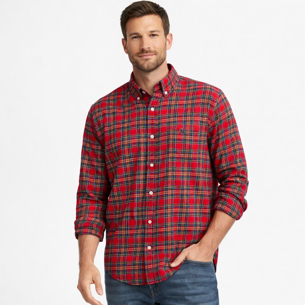 Vineyard Vines Red Plaid Slim Fit Whale Flannel Shirt - Size Medium
